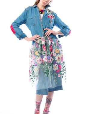 Aratta Celine Maxi Shirt Dress - Denim And Embroidery Florals
